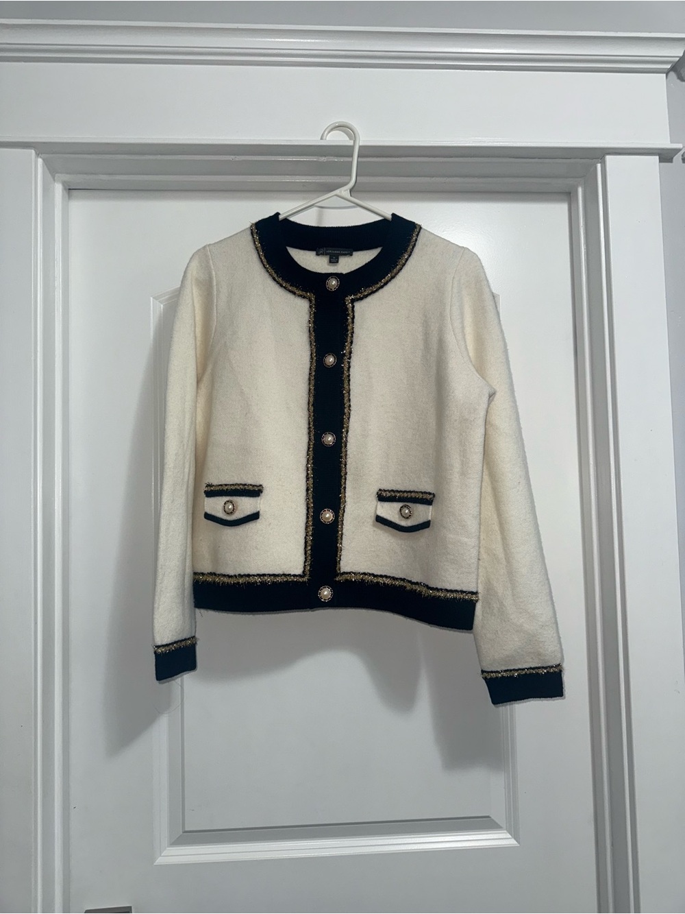 Adrianna Papell Cream Knit Jacket with Black Trim and Gold Buttons
